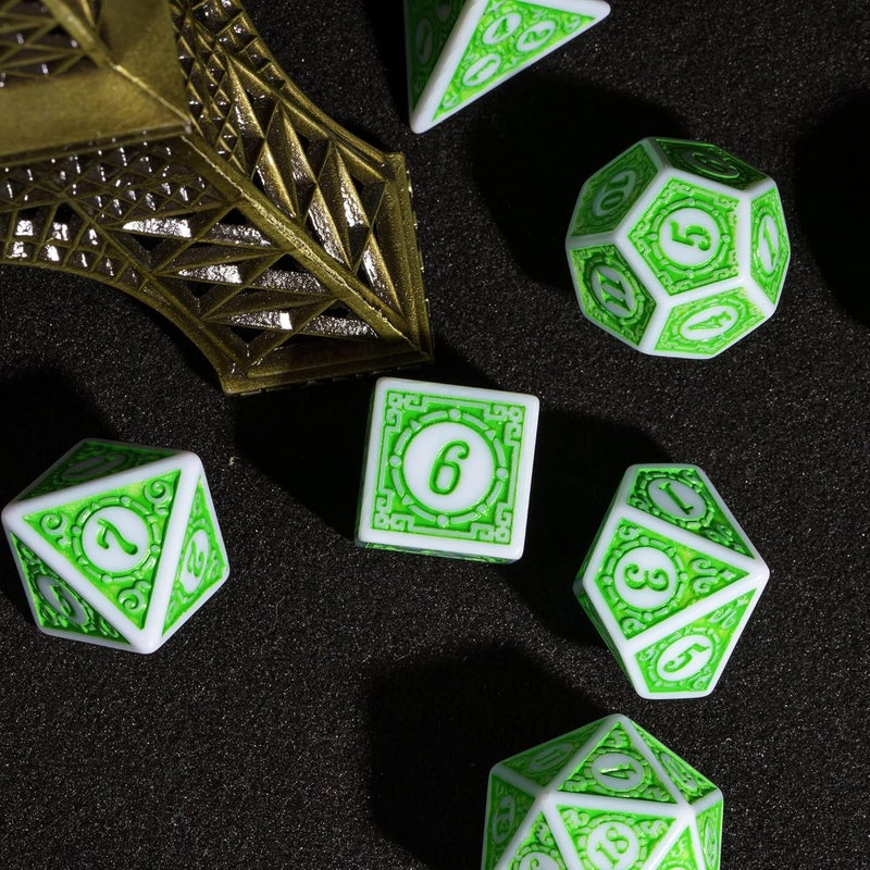Poludie 7PCs DND Dice Set, Unique Window Lattice Pattern D&D Dice Set with Leather Die Bag, Polyhedral Die for RPG Table Games (Green/White) - Image 5